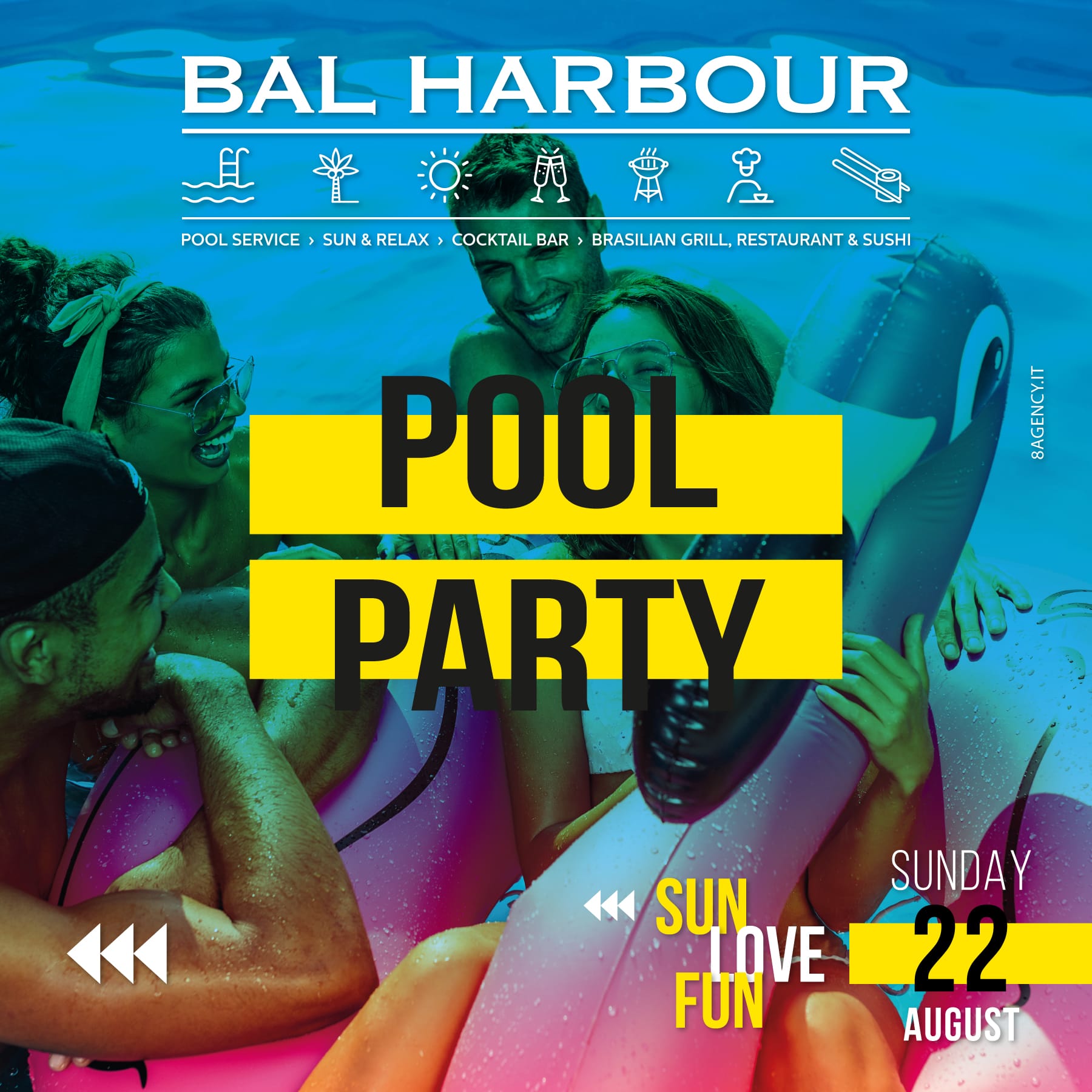 Pool party Domenica 22 agosto 2021. Feste in Piscina San Teodoro Bal Harbour (Sardegna)
