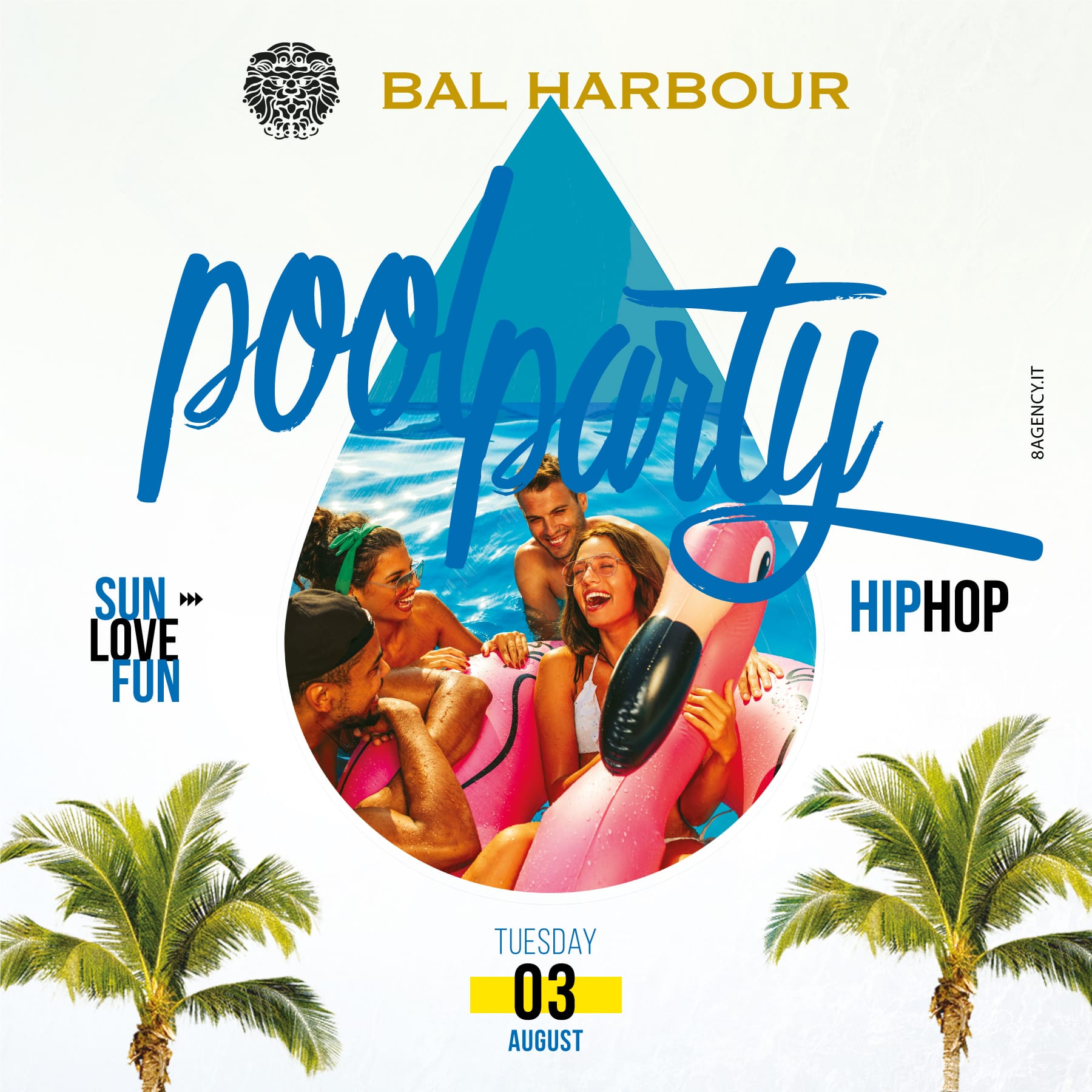 Pool Party Martedi 3 agosto Bal Harbour. Feste in Piscina San Teodoro.